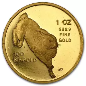 1987 Singapore 1 oz Gold 100 Singold Rabbit Proof-Like