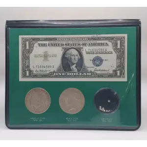 The Silver Story: 1921 Morgan Dollar, 1923 Peace Dollar, 1957 $1 Silver Cert., and Silver Granules Uncertified (7)