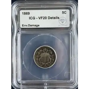 1869 Shield Nickel ICG VF20 Details Env. Damage IDC Verified