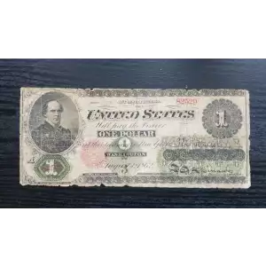 $1 Series 1-166 at top ABNCo monogram at center-right edge Green patent date at right Type 1 over left serial number; Red Seal Legal Tender Issues 17a