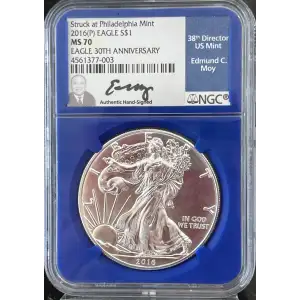 2016 P American Silver Eagle NGC MS70 Struck at Philadelphia Mint Edmund C. Moy Signed