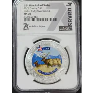 2021 Cook Islands Silver Coin NGC MS-70 Animals: Utah - Rocky Mountain Elk