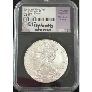 2019-W Silver Eagle NGC MS70 Burnished FDI Elizabeth Jones Signed (Black Core) (2)
