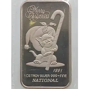 1991 Merry Christmas Kitty 1 oz Silver Bar NATIONAL Mint VINTAGE (2)