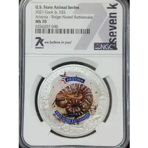 2021 Cook Islands Silver Coin NGC MS-70  Arizona - Ridge-Nosed Rattlesnake