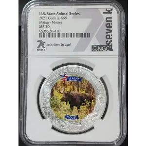 2021 Cook Islands Silver Coin NGC MS-70 U.S. State Animal Series: Maine - Moose
